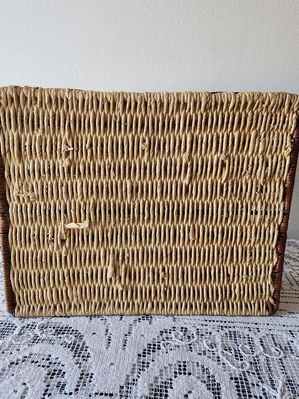 Woven Two-Tier Rattan Desk Organizer in Natural and Dark Brown
